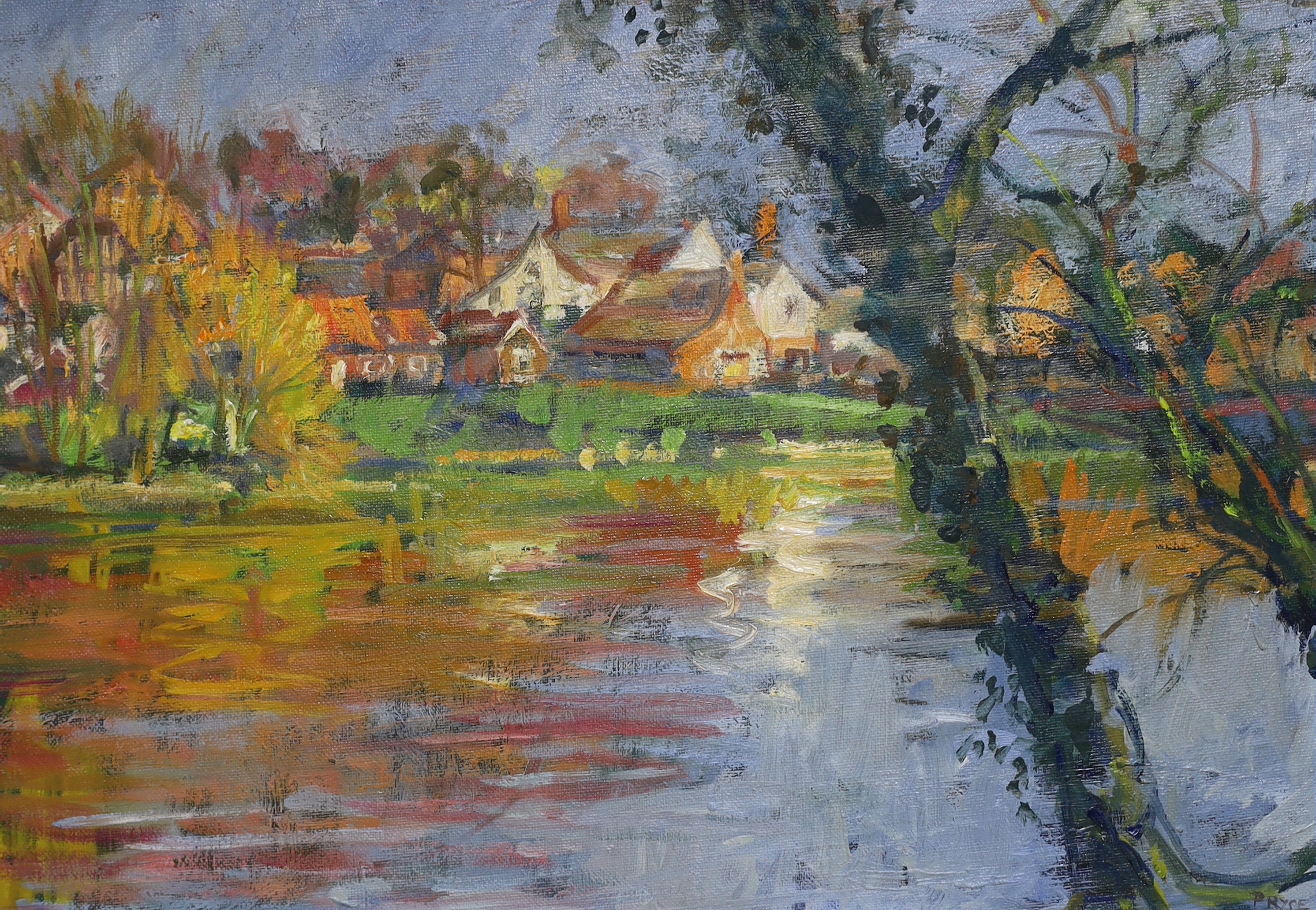 Tessa Spencer Pryse RBA (b.1940), oil on canvas laid onto board, 'The Pond in April, Sussex', signed, label verso, 46cm x 32cm